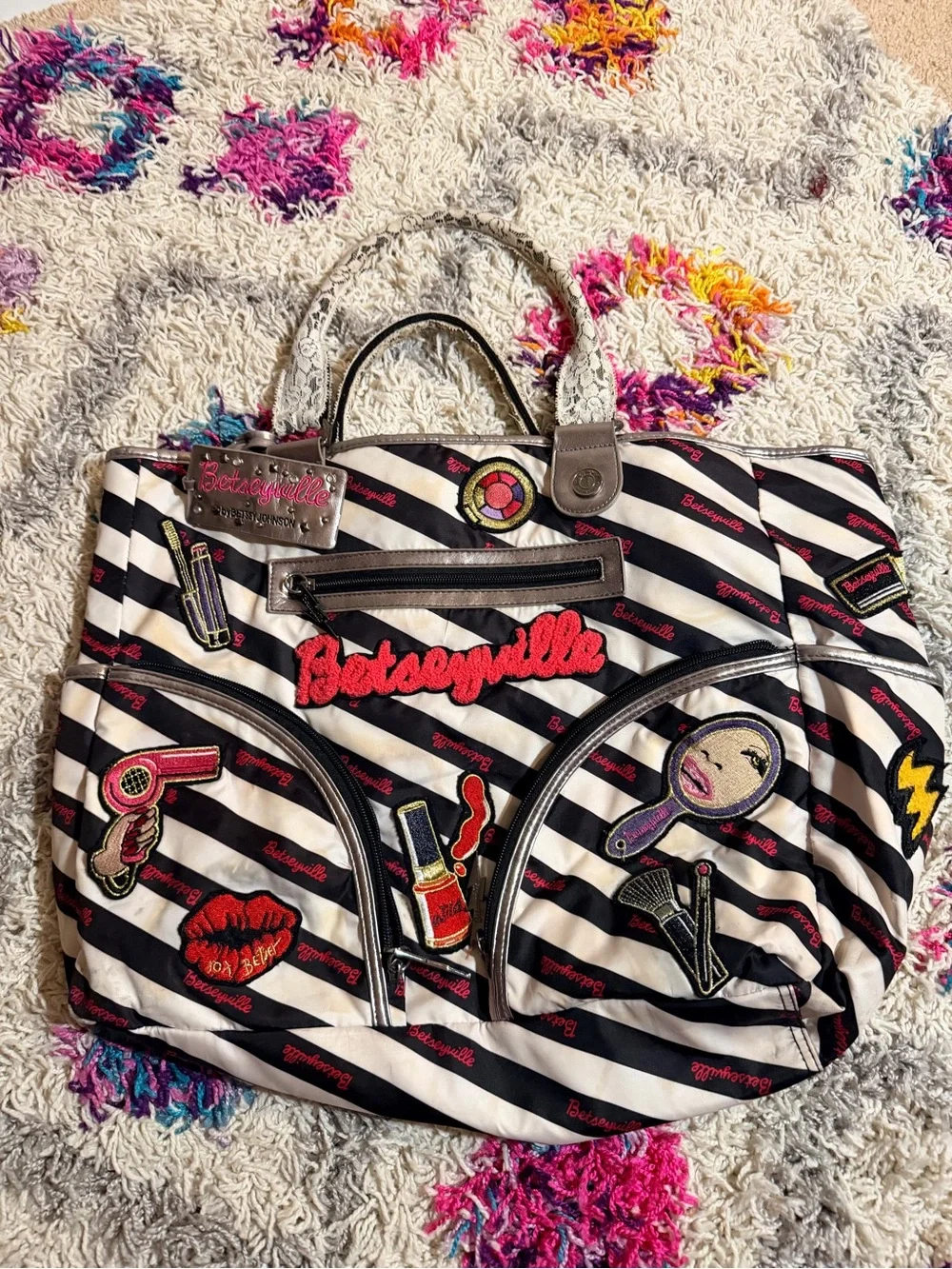 Betseyville Striped Glam Tote Bag in Black & White with Appliqués